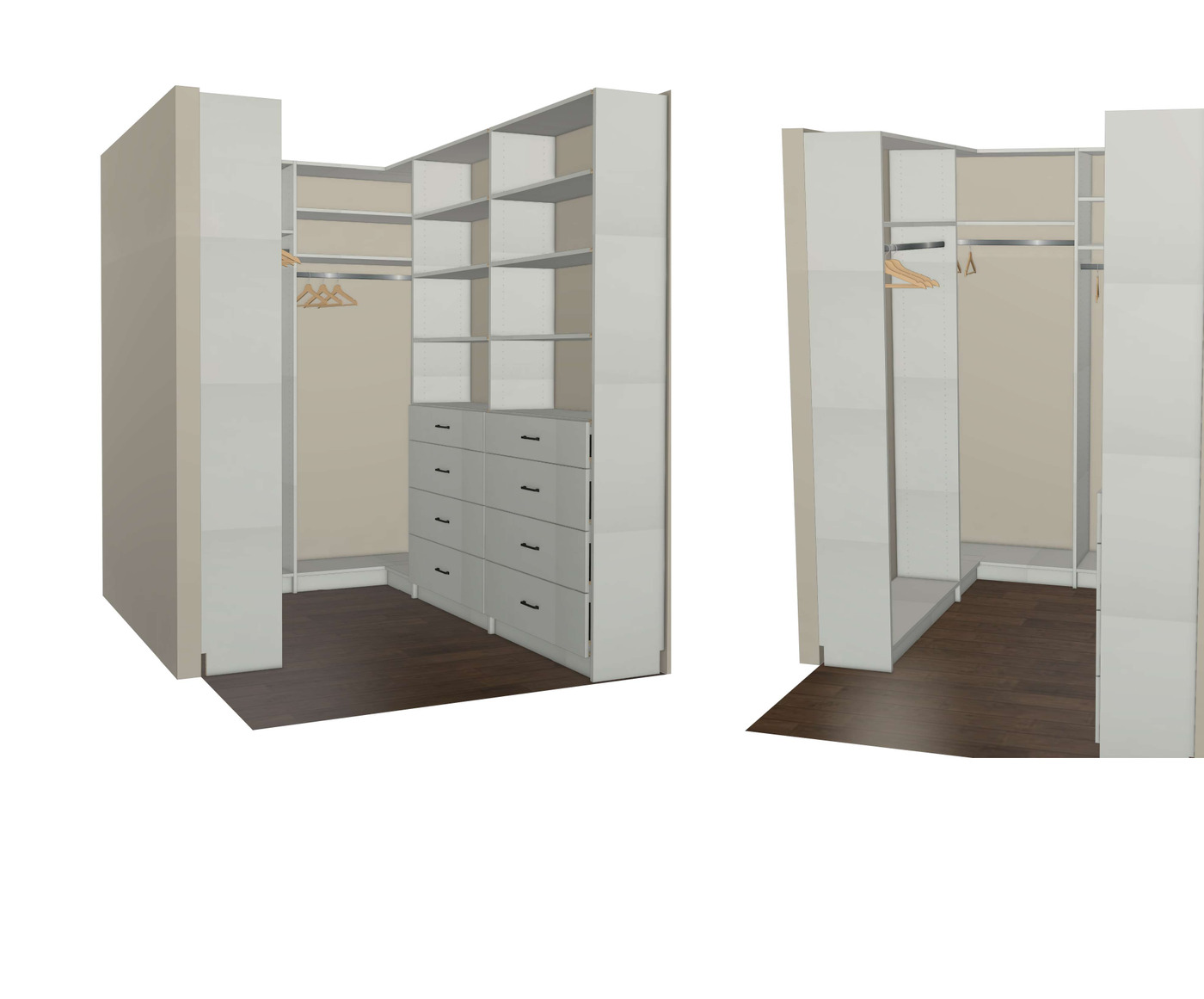 TrueForm 3D walk-in closet design with double hanging, open shelving, and an eight-drawer chest