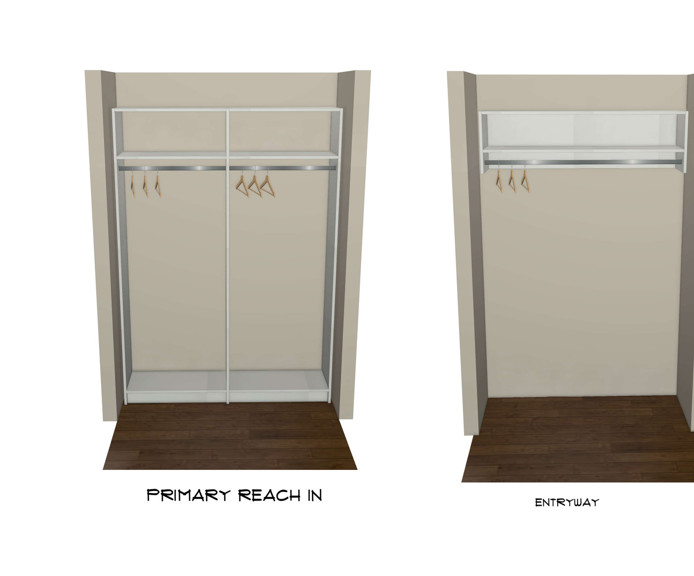 TrueForm 3D designs for a primary reach-in closet and an entryway hanging rail