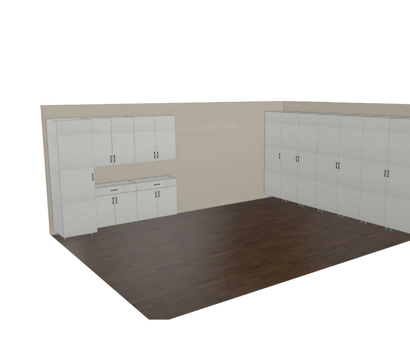 TrueForm 3D garage storage design with tall lockers, upper cabinets, and a workbench